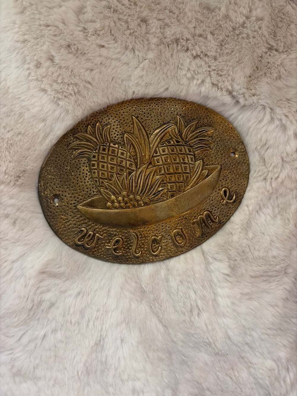 Vintage Oval Embossed Solid Brass Pineapple Welcome Sign Wall Plaque